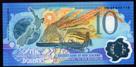 New Zealand 10 Dollars 2000
P# 190a; № BM00030718; 2000. Blue, orange and multicolor. Earth, map of New Zealand at left, ceremonial boat at center. B...