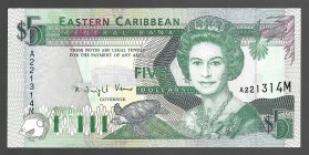 East Caribbean States 5 Dollars 1993
P# 26M; A221314M; UNC; Montserrat - rare letter;
