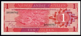 Netherlands Antilles 1 Gulden 1970
P# 20; № E0100702; Red on orange underprint. Aerial view of harbor at left center. Back: Crowned arms at right. Pr...