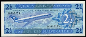Netherlands Antilles 2-1/2 Gulden 1970
P# 21; № D0492253; Blue on light blue underprint. Jetliner at left center. Back: Crowned arms at right. Printe...