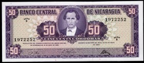 Nicaragua 50 Cordobas 1968
P# 119a; № B1972252; Purple on multicolor underprint. Portrait of M. Jerez at upper center. Series B. Back: Portrait of F....