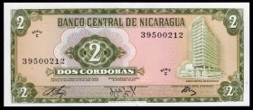 Nicaragua 2 Cordobas 1972
P# 121a; № C39500212; Olive-green on multicolor underprint. Banco Central at right. Series C. Back: Furrows at left. Printe...