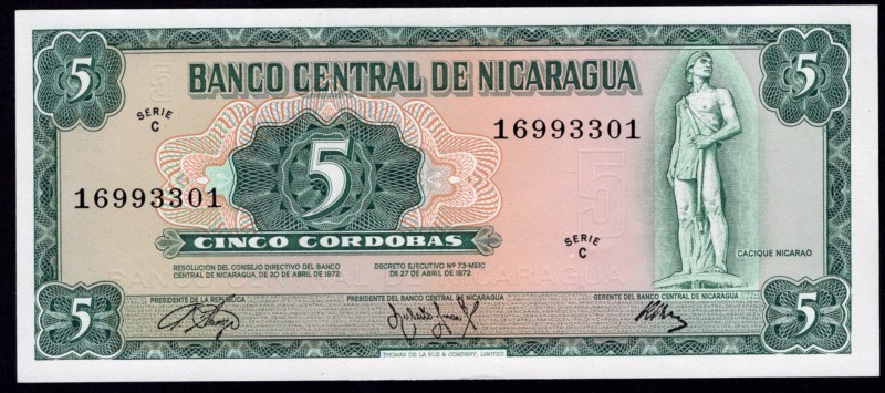 Nicaragua 5 Cordobas 1972
P# 122; № C16993301; Dark green on multicolor underpr...