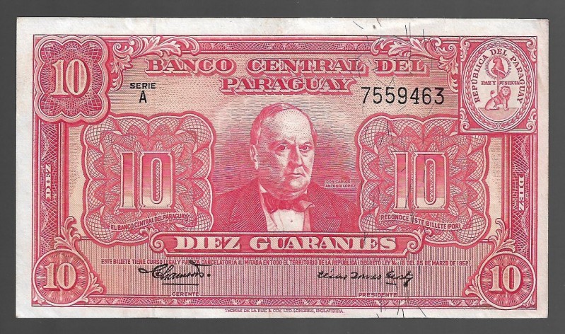 Paraguay 10 Guaranies 1952
P# 187b; 7559463