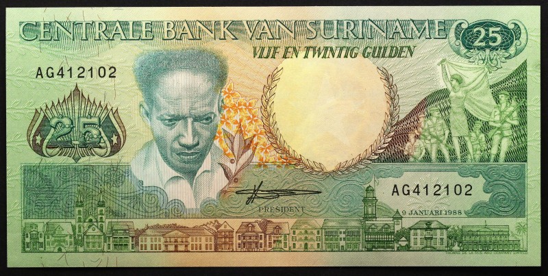 Suriname 25 Guldens 1988
P# 132b; № AG412102; UNC