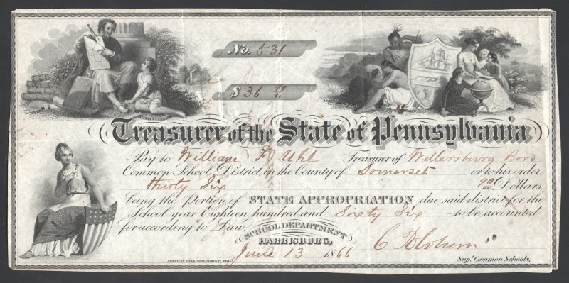 United States Treasurer of the State of Pennsylvania Check 36.99 Dollars 1866
H...