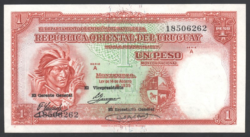 Uruguay 1 Peso 1935 RARE!
P# 28; № 18506262; aUNC; Serie A; "Conquistador"; RAR...