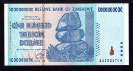 Zimbabwe 100 Trillion Dollars 2008
P# 91, Series AA. UNC.