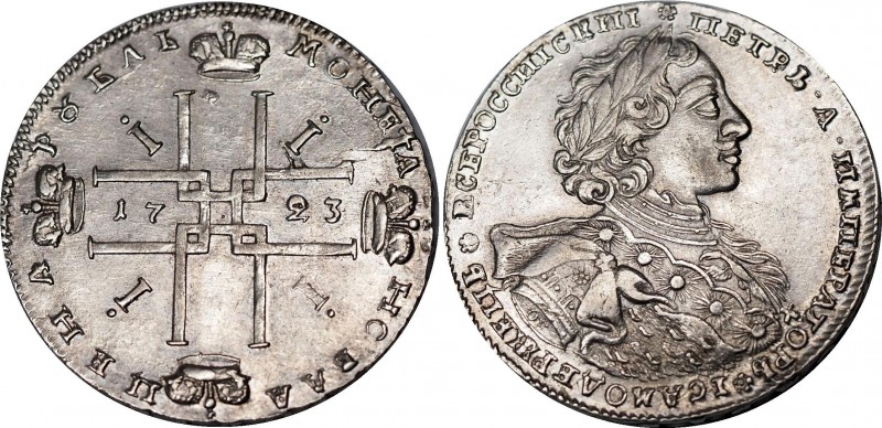 Russia 1 Rouble 1723
Bit# 875; Portrait with ermine mantle. Silver, XF.