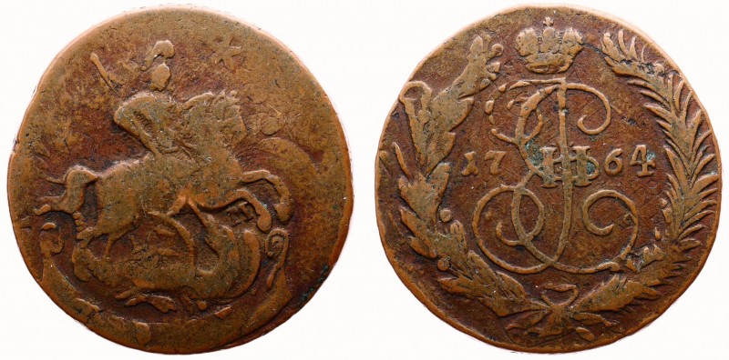 Russia 2 Kopeks 1764 EM Overstruck
Bit# 666; Copper 21.47g 33x32mm; Overstruck ...