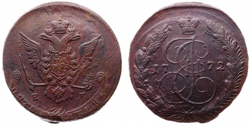 Russia 5 Kopeks 1772 EM
Bit# 621; Сopper 58.04g 44mm; UNC