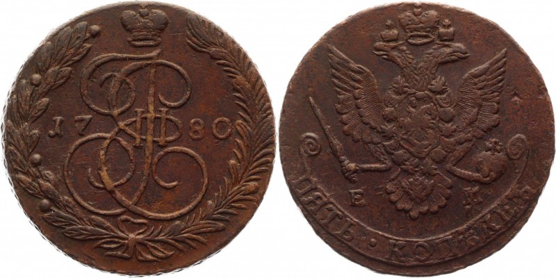 Russia 5 Kopeks 1780 EM Error "КОПЪКЕЪ" RR
Bit# No; Conros# 180/4250 R3; Copper...