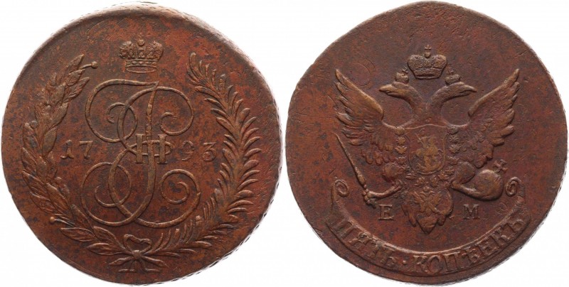 Russia 5 Kopeks 1793 EM Paul's Overstruck
Bit# P101; Copper 55,46g.; Outstandin...