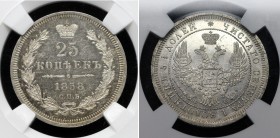 Russia 25 Kopeks 1858 СПБ ФБ NNR PF62
Bit# 56; Silver. Extremely rare especially in that high condition. PROOF. NNR PF 62