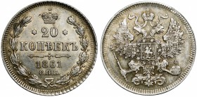 Russia 20 Kopeks 1861 СПБ
Bit# 288; Silver 4.01g; Mint Paris; Luster; aUNC