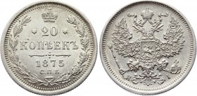 Russia 20 Kopeks 1875 СПБ HI
Bit# 226; Silver 3.59g; XF+ Mint Luster Remains