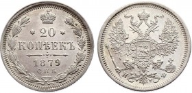 Russia 20 Kopeks 1879 СПБ НФ
Bit# 232; Silver; 3.56g; AUNC