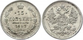 Russia 15 Kopeks 1897 СПБ АГ
Bit# 121; Silver 2.72g; AUNC