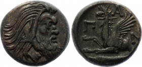 Ancient World Chymeric Bosphor Pantikapea 310 - 303 BC
Bronze 7.65g 20mm; MacDonald# 69, Anokhin# 111; Aw: Bearded Lord's head to the right, Rw: Gryf...