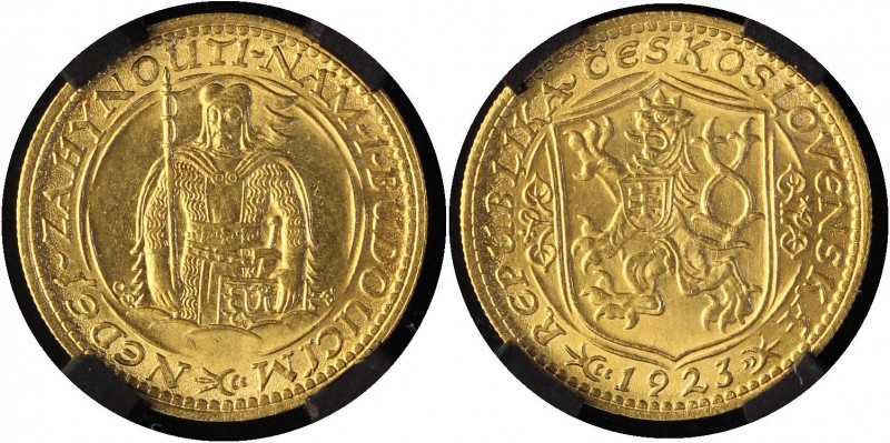 Czechoslovakia 1 Dukat 1923 RNGA MS63
KM# 8, Fr# 2; Gold (.986), 3,49g.; Obv: C...