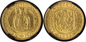 Czechoslovakia 1 Dukat 1923 RNGA MS63
KM# 8, Fr# 2; Gold (.986), 3,49g.; Obv: Czech lion with Slovak shield, date below Rev: Duke Wenceslas (Vaclav) ...