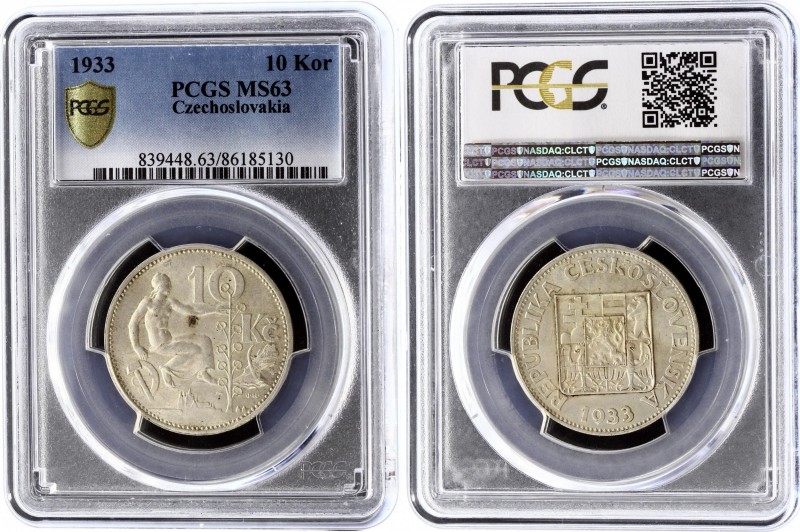 Czechoslovakia 10 Korun 1933 RRR PCGS MS63
KM# 15. Silver, UNC. One of the rare...