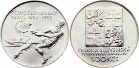 Czechoslovakia 500 Korun 1993
KM# 164; Silver; 100th Anniversary of Czech Tennis; UNC