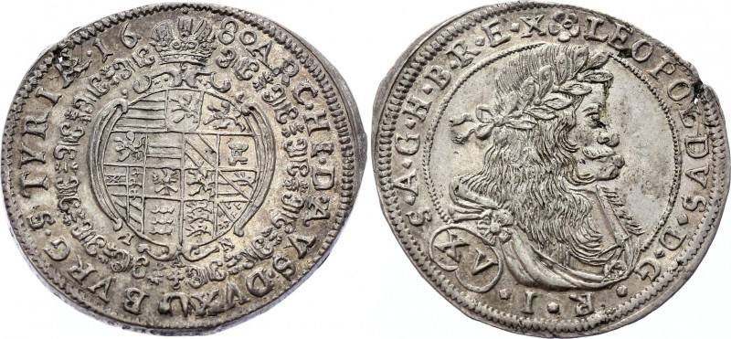 Austria 15 Kreuzer 1680
KM# 1279; Silver; Graz; Leopold I