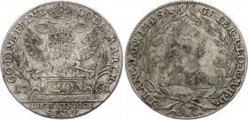 German States Nurnberg 20 Kreuzer 1761 SF
KM# 334; Silver; Obv: Crowned shield on eagles breast, value within pedestal Rev: Laureate head right withi...
