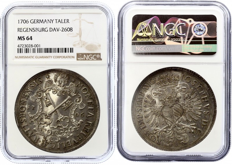 German States Regensburg Taler 1706 NGC MS64
Dav. 2608; KM# 234. A tremendous n...