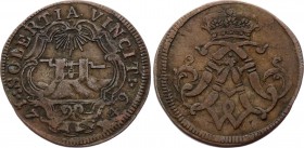 German States Wied-Newwied 1/4 Stuber 1749
KM# 4; Copper; Friedrich Alexander Obv: Crowned FFAW monogram Rev: Windlass in cartouche, date divided bel...
