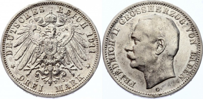 Germany - Empire Baden 3 Mark 1911 G
Jaeger 39; Silver, not common coin on prac...