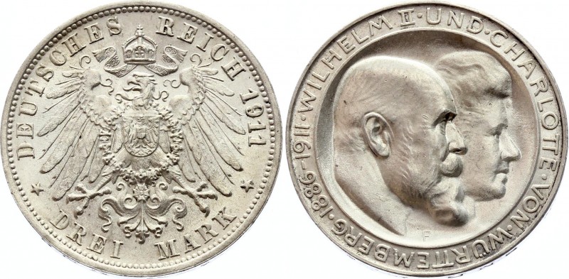 Germany - Empire Württemberg 3 Mark 1911 F
KM# 636; Silver; Wedding Anniversary...