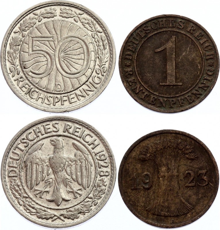 Germany - Weimar Republic Lot of 2 Rare coins 1923 - 1928
50 Reichspfennig 1928...