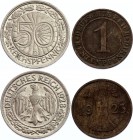 Germany - Weimar Republic Lot of 2 Rare coins 1923 - 1928
50 Reichspfennig 1928 D, 1 Rentenpfennig 1923 F