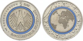 Germany 5 Euro 2016 F
KM# 348; Planet Earth; Tri-Material Copper-nickel center (81%Cu/19%Ni) in blue Polymer inner ring and Copper-nickel outer ring ...