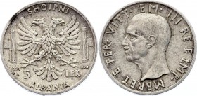 Albania 5 Lek 1939
KM# 33; Silver; Vittorio Emanuele III; XF