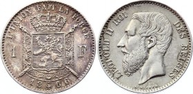 Belgium 1 Franc 1866
KM# 28; Silver; Léopold II (French text); XF Nice Toning