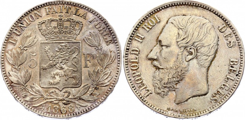 Belgium 5 Francs 1868 Position B Rare
KM# 24; Silver; Léopold II; Small head; P...