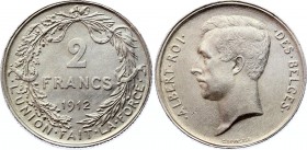 Belgium 2 Francs 1912
KM# 74; Silver; Albert I (French text); UNC