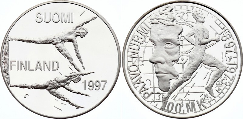 Finland 100 Markkaa 1997
KM# 84; Silver; 100th Birthday - Paavo Nurmi Obv: Two ...