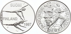 Finland 100 Markkaa 1997
KM# 84; Silver; 100th Birthday - Paavo Nurmi Obv: Two gymnasts Rev: Facial portrait and running Paavo Nurmi, denomination be...