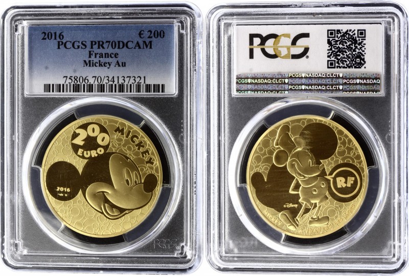 France 200 Euro 2016 PCGS PR 70 DCAM
KM# 2356; Gold (.999) 31.10g 37mm; Mickey ...