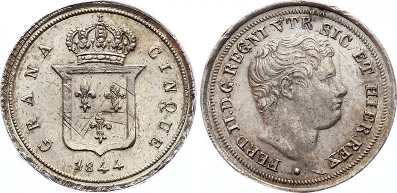 Italian States - Two Sicilies 5 Grana 1844
KM# 326; Silver; Ferdinando II; UNC