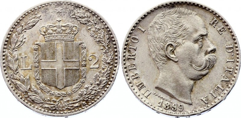 Italy 2 Lire 1899 R
KM# 23; Silver; Umberto I; UNC with hairlines