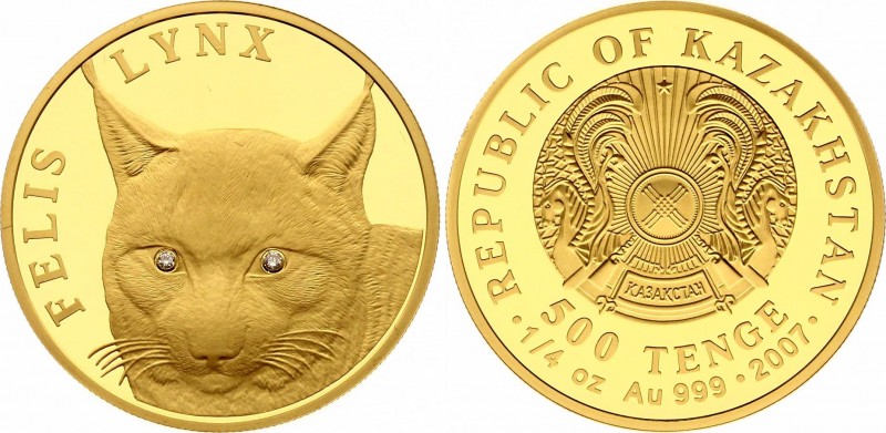 Kazakhstan 500 Tenge 2007
KM# 168; Gold (.999) 7.78g 25mm; Proof; Animals - Lyn...