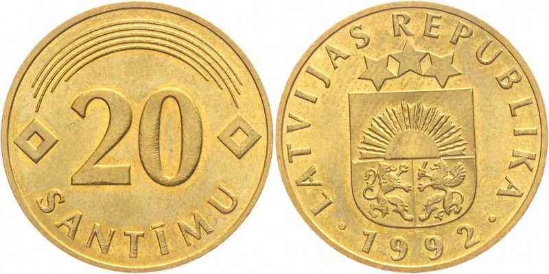 Latvia 20 Santimu 1992 ERROR Magnetic UNC
KM# 22.2; Brass Plated Steel 4,0g.; 1...