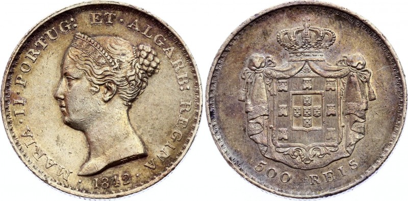 Portugal 500 Reis 1842
KM# 471; Silver; Maria II; Nice Toning