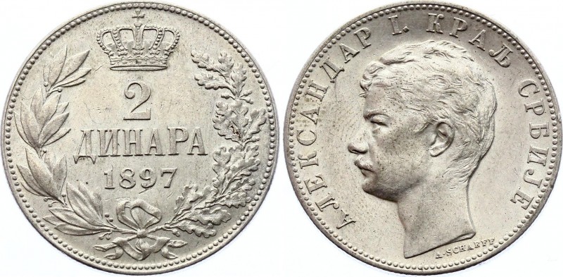 Serbia 2 Dinara 1897
KM# 22; Aleksandar I; Silver, AUNC.