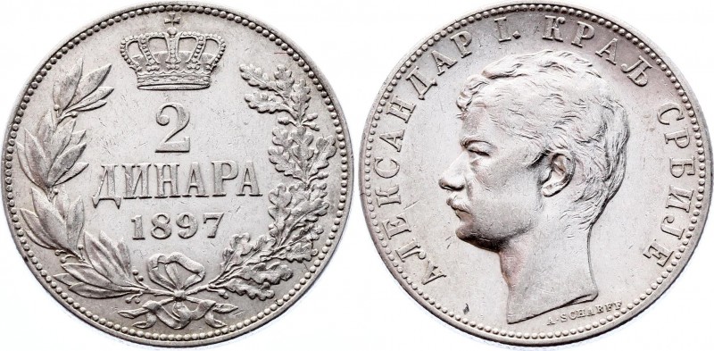 Serbia 2 Dinara 1897
KM# 22; Silver; Aleksandar I; XF+